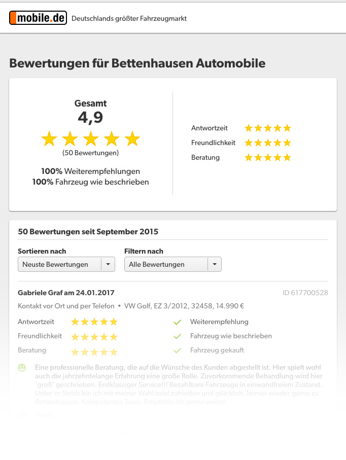 Bewertungen unter mobile.de der Bettenhausen Automobile